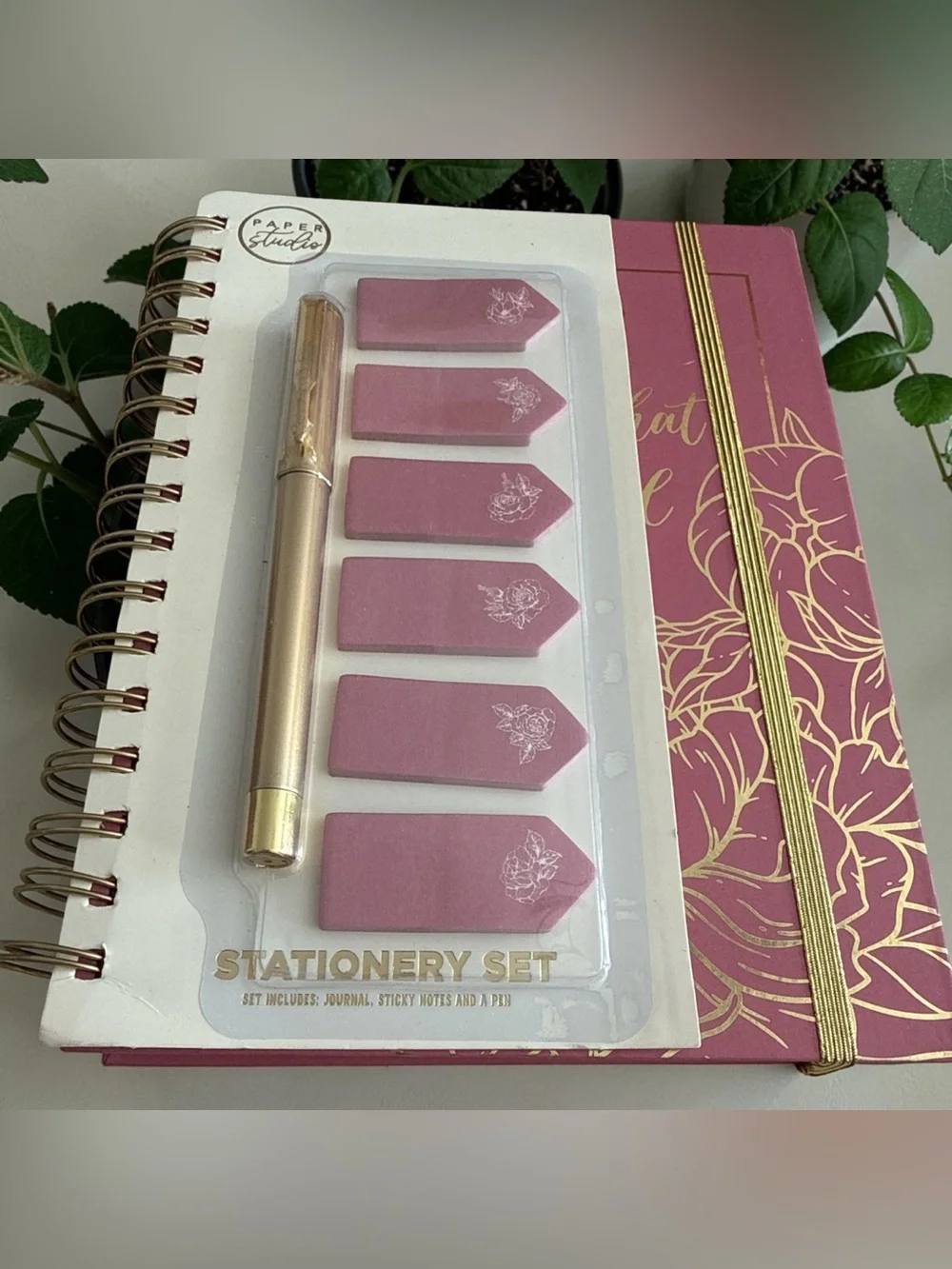 Pink Stationery Set with Gold Pen and sticky notes.